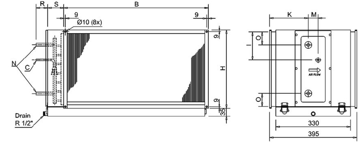 Размеры водяного канального воздухоохладитель для прямоугольных каналов Systemair DXRE 80-50-3-2,5