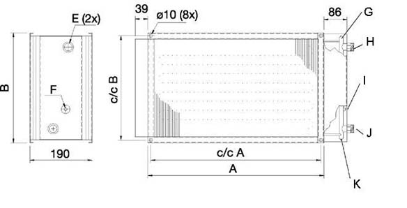 Размеры канального нагревателя для прямоугольных каналов Systemair VBR 40-20-4 Water heating bat